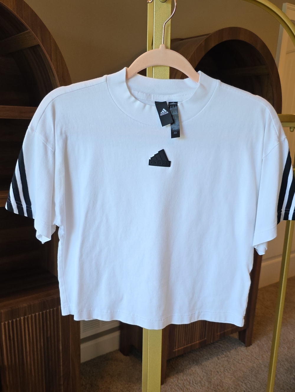 adidas White Short-Sleeve Cropped Tee with Black Shoulder Stripes
